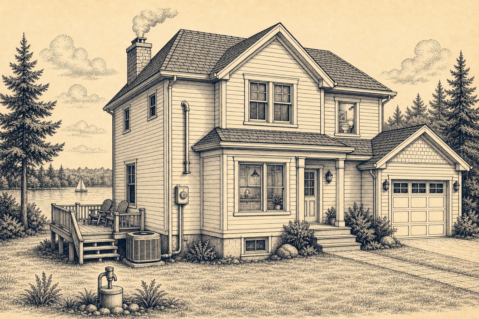 Hand-drawn illustration of a two-story Wisconsin lake-country home with kitchen, bathroom, basement, heating, AC, electrical panel, well pump, and garage locations marked